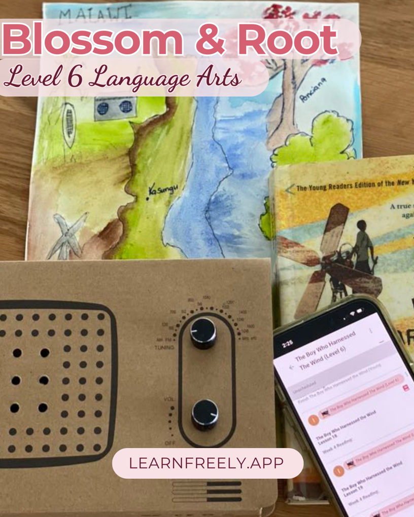 Books and a smartphone displaying "The Boy Who Harnessed the Wind" on a wooden surface. Text: Blossom & Root, Level 6 Language Arts.