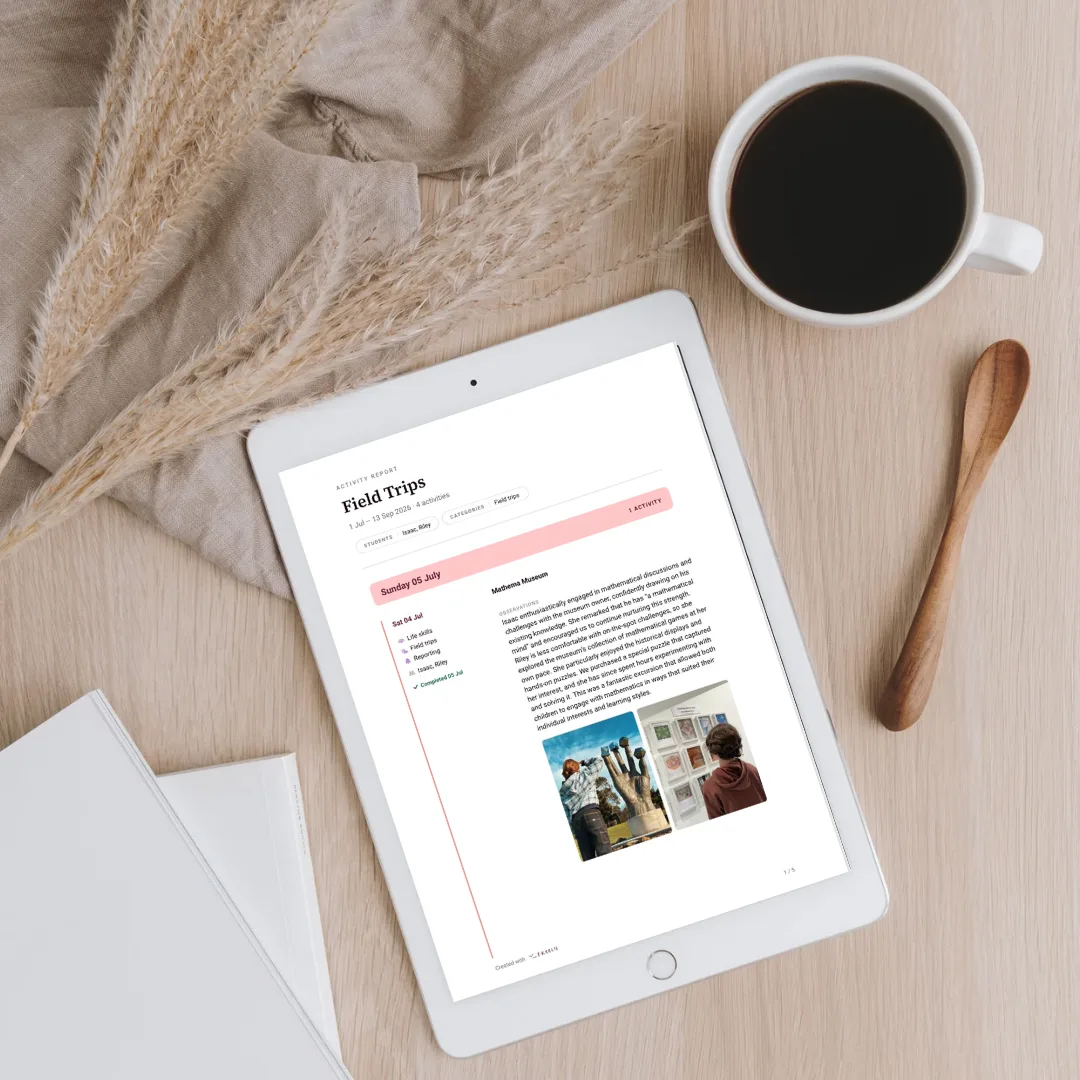 A Freely Homeschool Planner report bringing together a student’s completed learning, observations and photographs in one organised record.