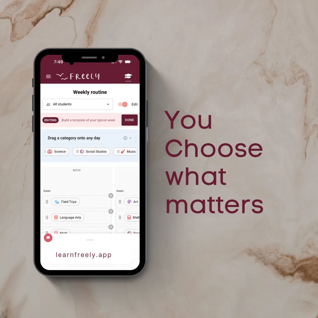Freely Homeschool Planner’s Weekly Routine in Edit Mode, showing draggable subject categories and learning placecards beside the words “You choose what matters.”